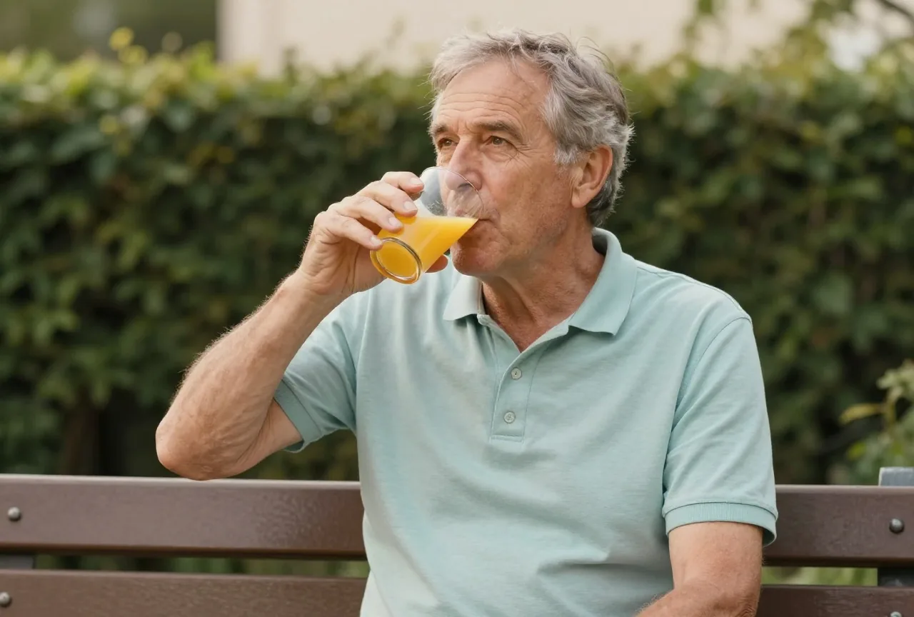 Mann in den Sechzigern sitzt nach einem Spaziergang auf einer Gartenbank und trinkt ein Glas Orangensaft