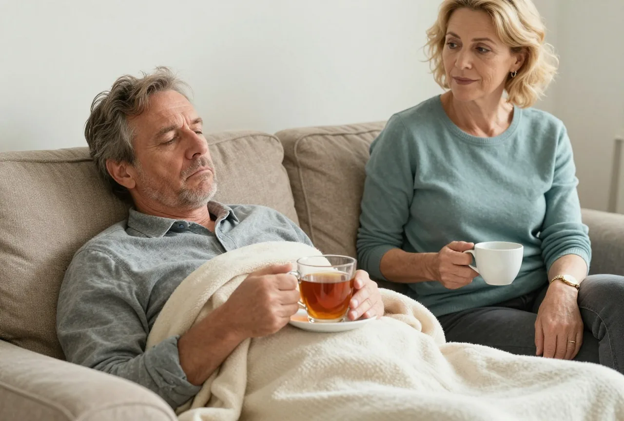 Mann in den Fünfzigern liegt erkältet unter einer Wolldecke auf dem Sofa, eine Frau sitzt neben ihm und spricht ruhig mit ihm
