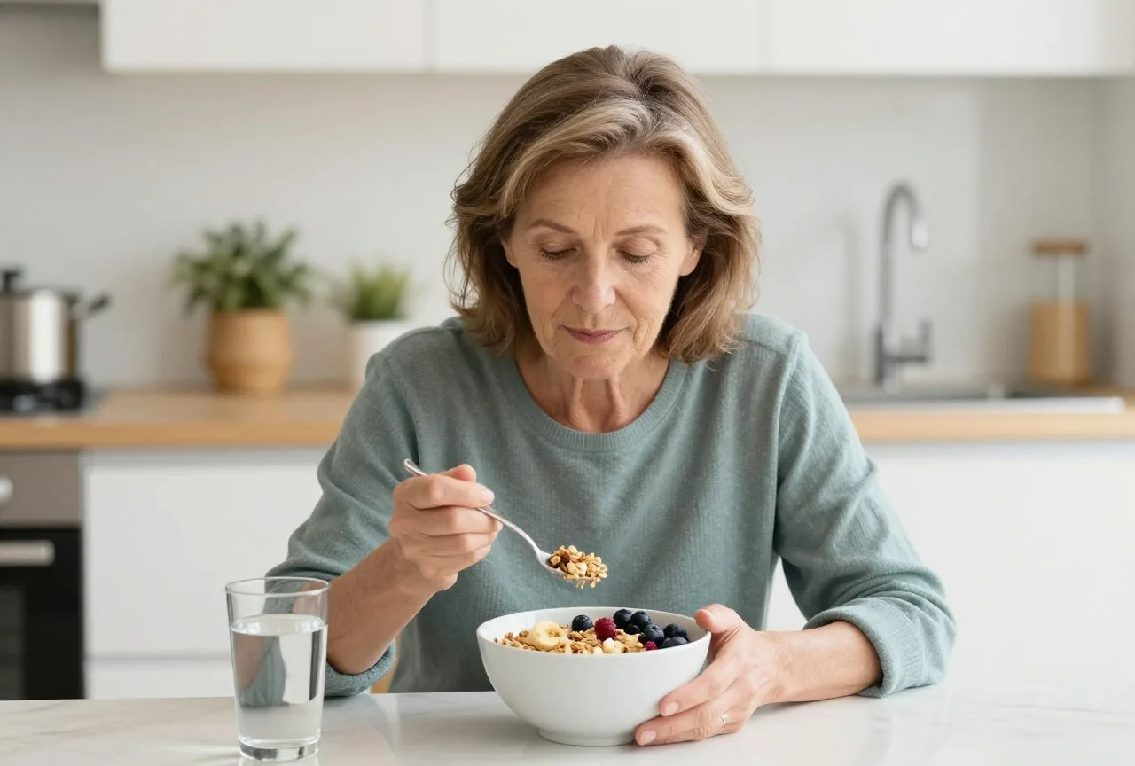 Frau in den Sechzigern isst am hellen Küchentisch eine Schale Müsli mit frischem Obst, daneben steht ein Glas Wasser