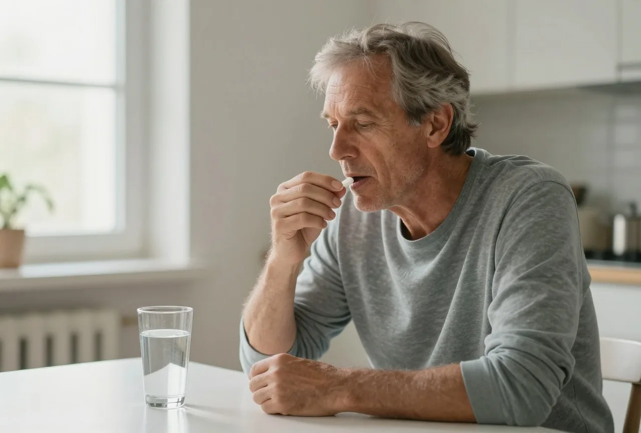 Mann Ende fünfzig sitzt morgens am Küchentisch und schluckt eine kleine weiße Tablette mit einem Glas Wasser