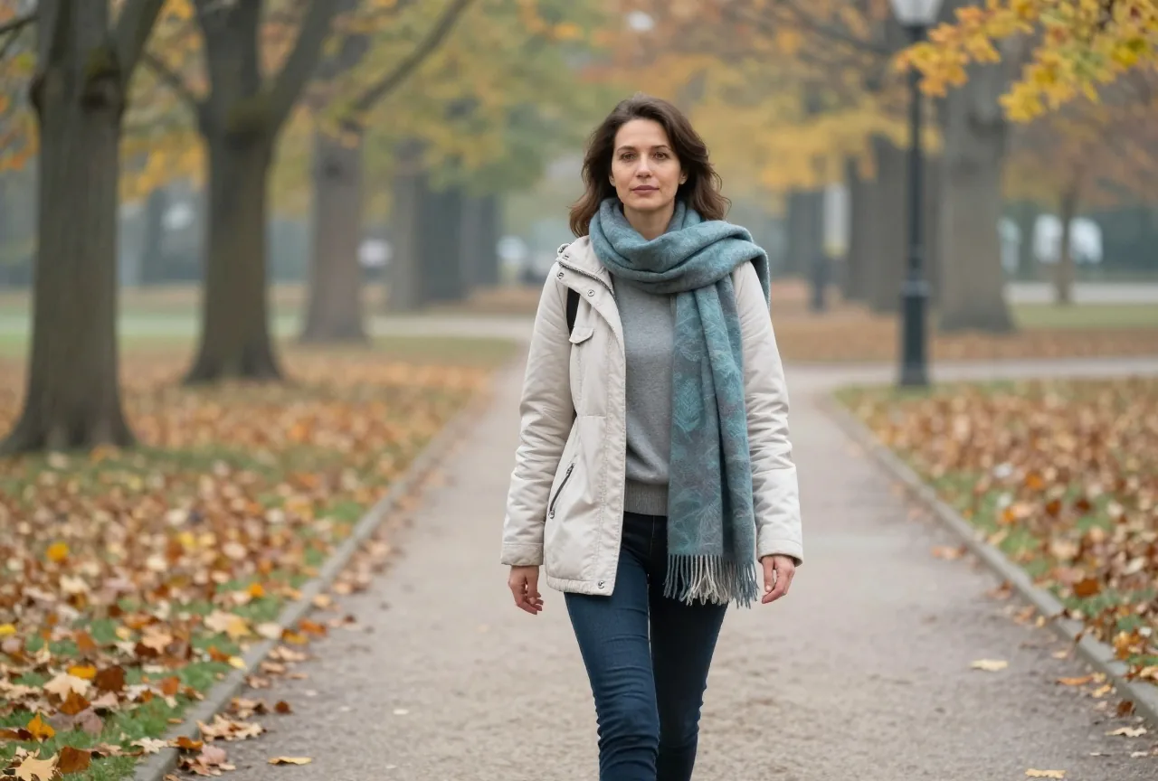 Frau in den Dreißigern geht an einem frischen Morgen mit Schal und Jacke durch einen herbstlichen Park