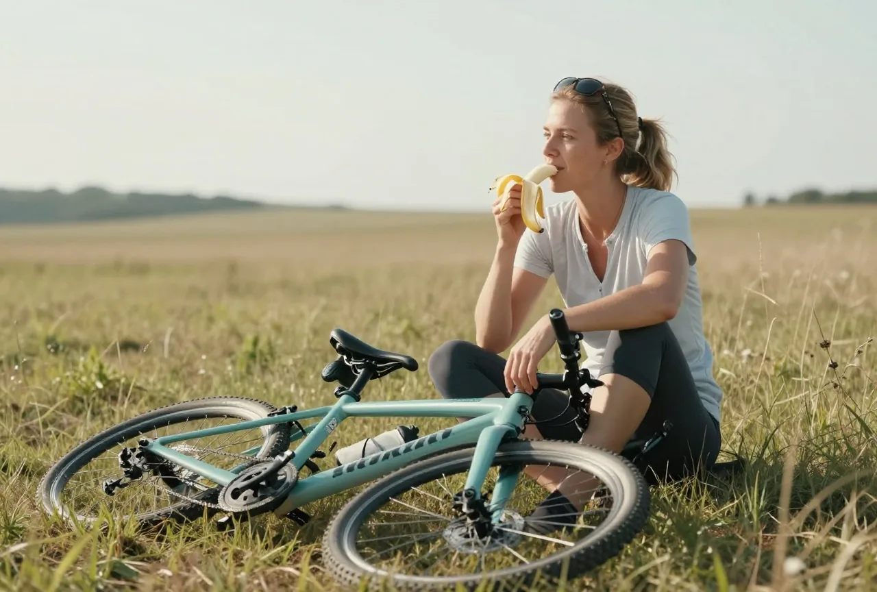 Frau in den Dreißigern sitzt nach einer Radtour auf einer Wiese und isst eine Banane, das Fahrrad liegt neben ihr im Gras
