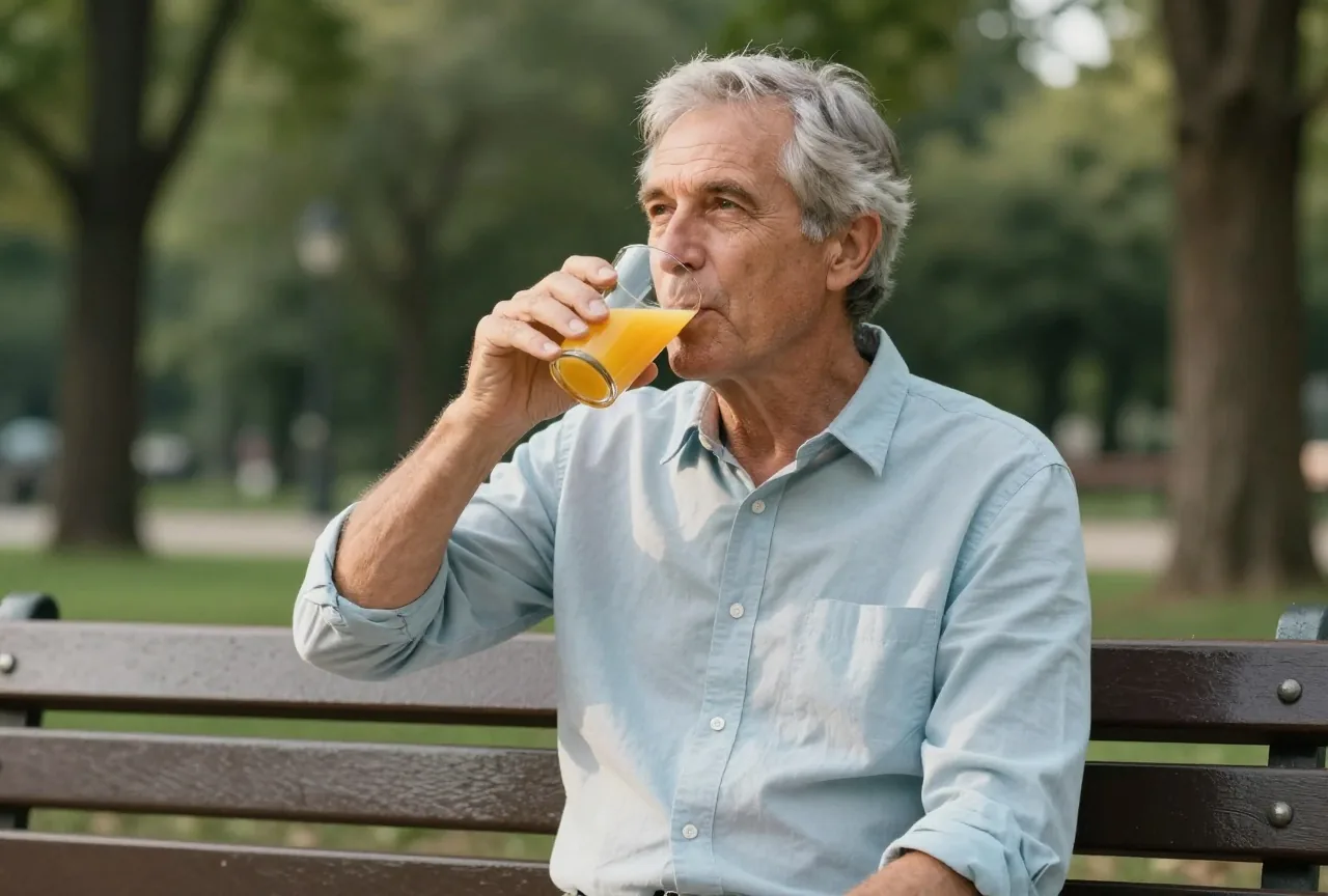 Mann in den Sechzigern sitzt nach einem Spaziergang auf einer Parkbank und trinkt ein Glas Orangensaft