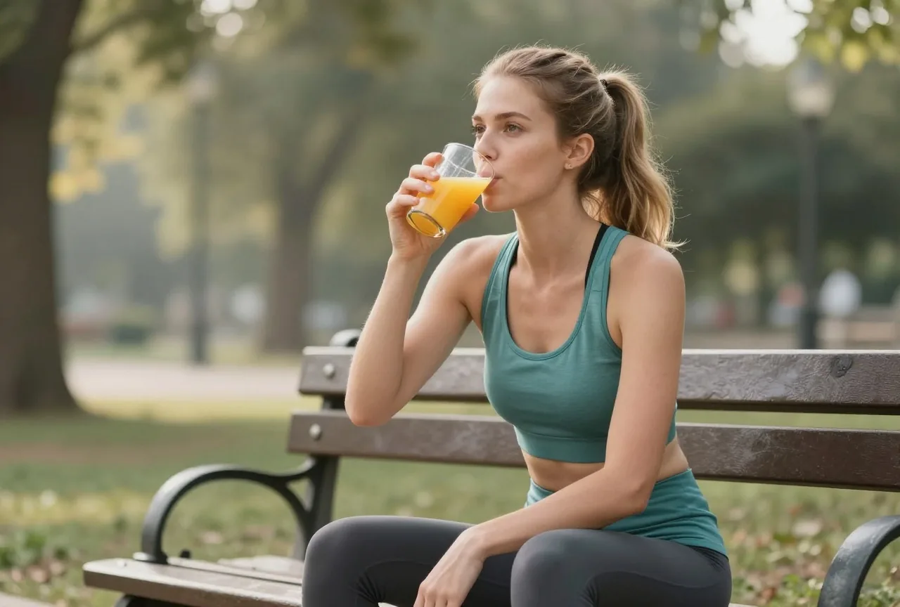 Frau in den Zwanzigern in Sportkleidung trinkt nach dem Laufen auf einer Parkbank ein Glas Orangensaft