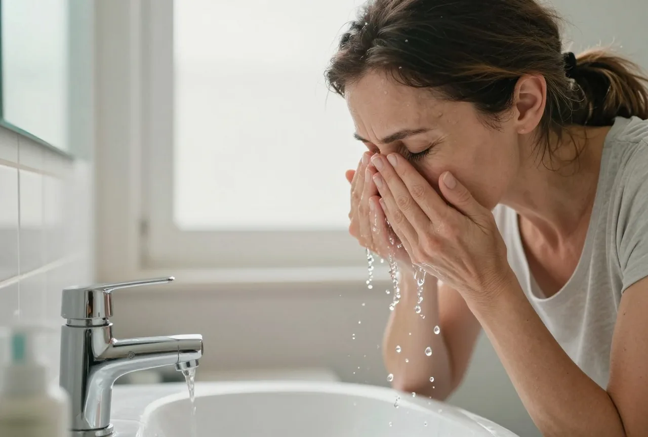 Frau in den Fünfzigern spült sich am hellen Waschbecken behutsam die Augen mit kaltem Wasser aus