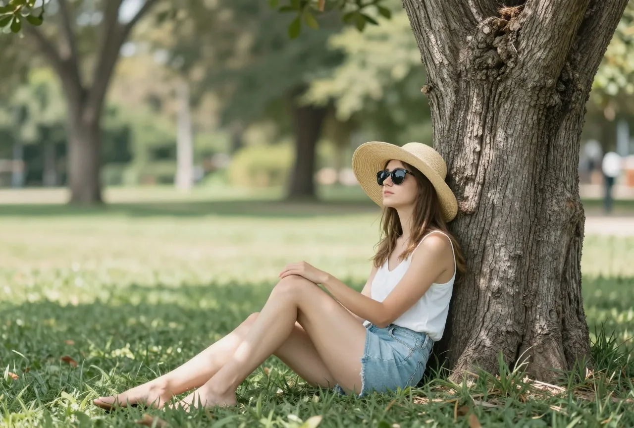 Junge Frau mit Sonnenhut und Sonnenbrille sitzt entspannt im Schatten eines Baumes in einem Park