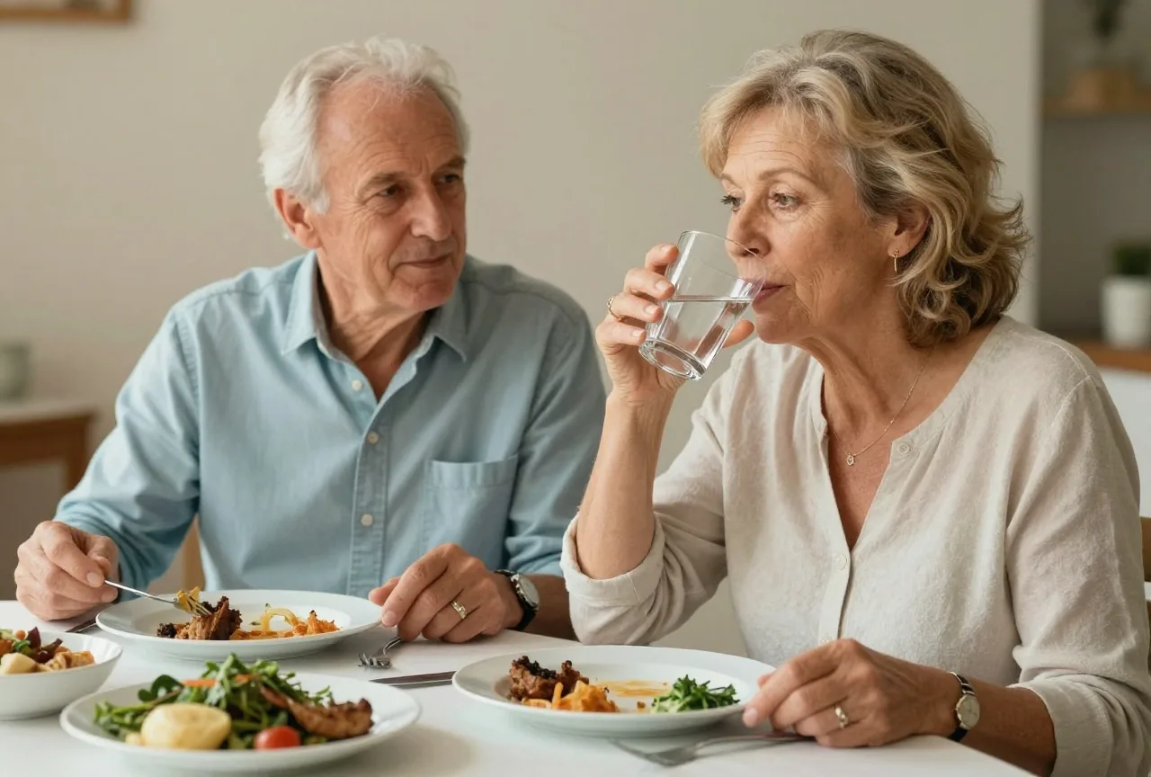 Paar in den Sechzigern sitzt nach dem Mittagessen an einem gedeckten Tisch, sie trinkt ein Glas Wasser