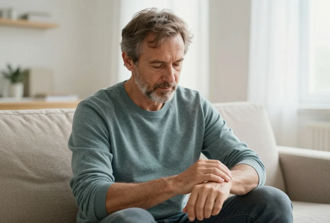 Mann in den Vierzigern sitzt auf dem Sofa und ertastet mit zwei Fingern seinen Puls am Handgelenk