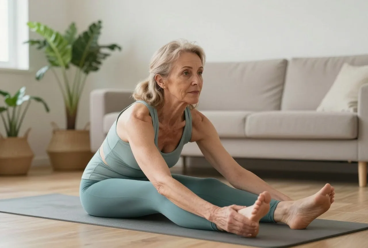 Frau in den Sechzigern macht in einem hellen Wohnzimmer langsame Dehnübungen auf einer Gymnastikmatte