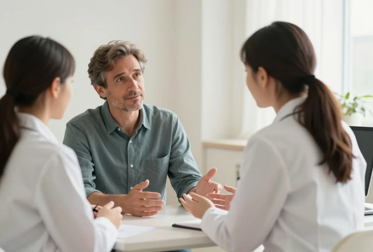 Mann in den Vierzigern sitzt in einem hellen Sprechzimmer einer Neurologin gegenüber, die ihm ruhig etwas erklärt