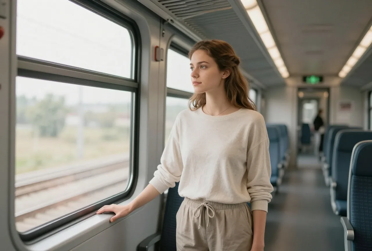 Junge Frau Mitte zwanzig steht bei einer Pause auf einer langen Reise im Gang eines Zugs und streckt die Beine