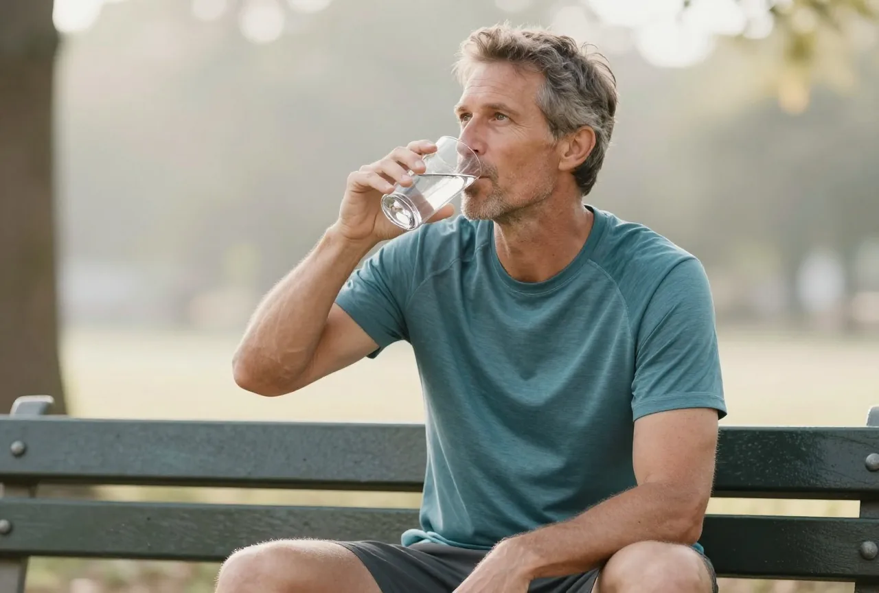 Mann in den Fünfzigern in Sportkleidung trinkt nach einem Spaziergang auf einer Parkbank ein Glas Wasser
