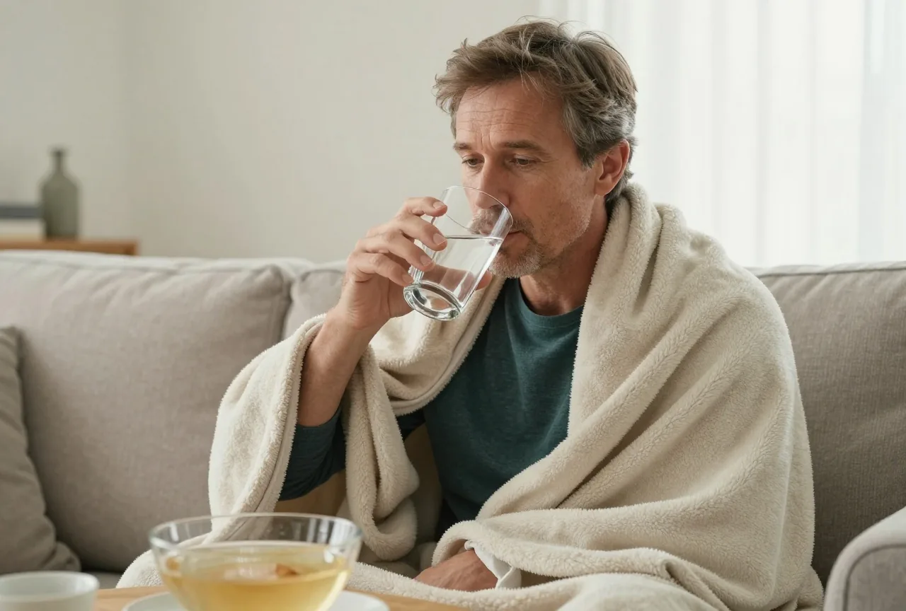 Mann in den Fünfzigern sitzt in eine Decke gehüllt auf dem Sofa und trinkt aus einem großen Glas Wasser, daneben eine Schale mit klarer Brühe