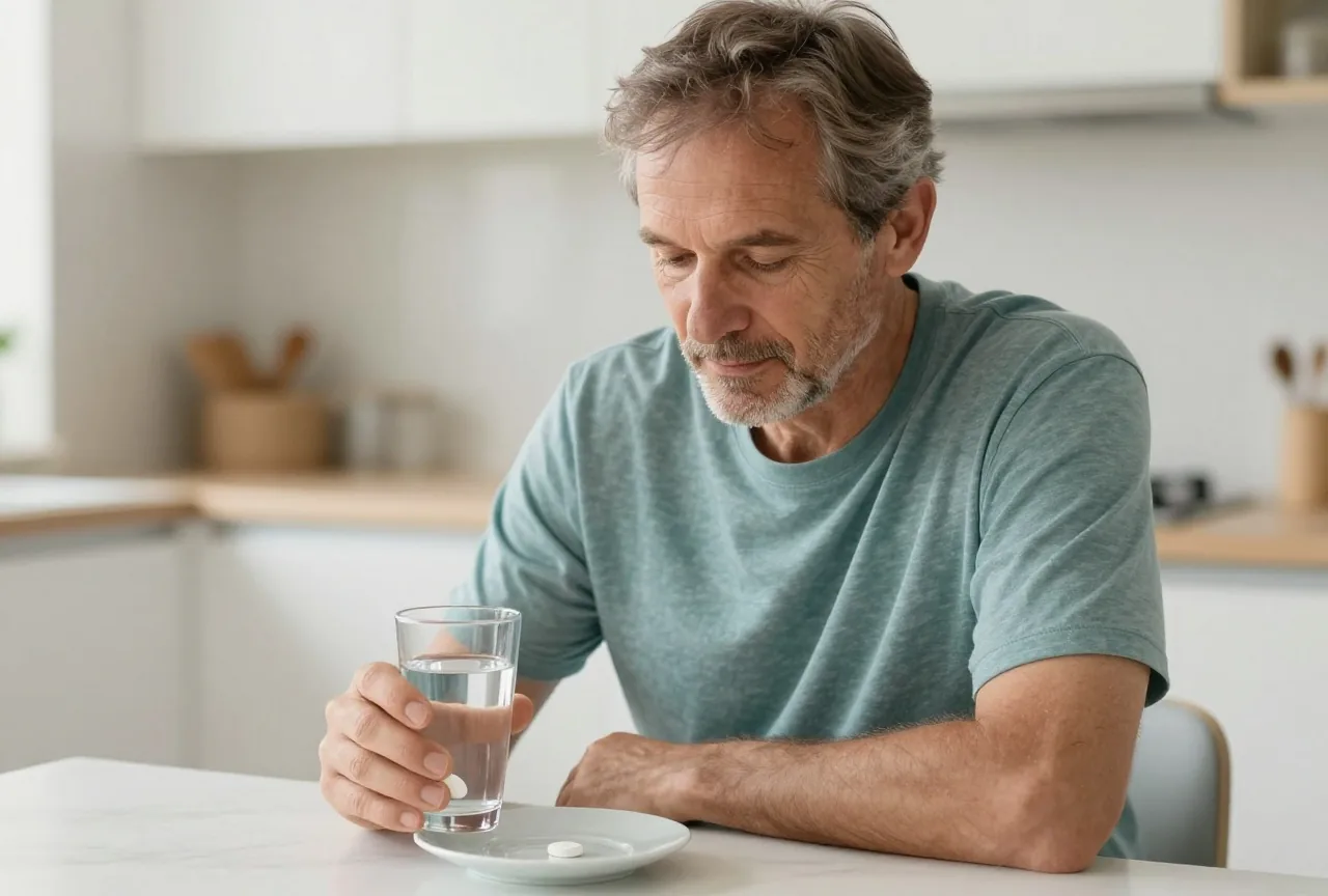 Mann in den Vierzigern sitzt am hellen Küchentisch mit einem Glas Wasser, daneben eine kleine weiße Tablette auf einer Untertasse