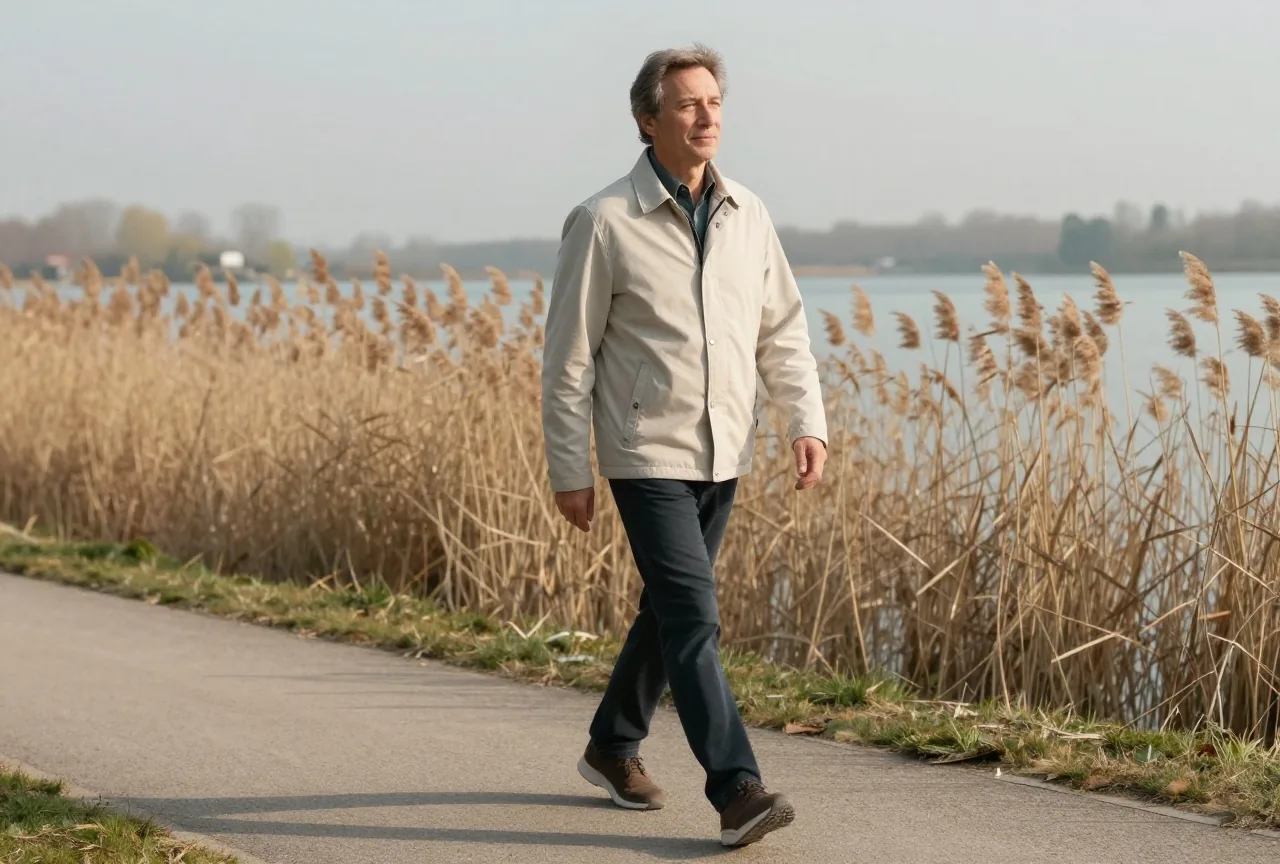 Mann in den Vierzigern geht am Morgen entspannt einen Uferweg an einem See entlang