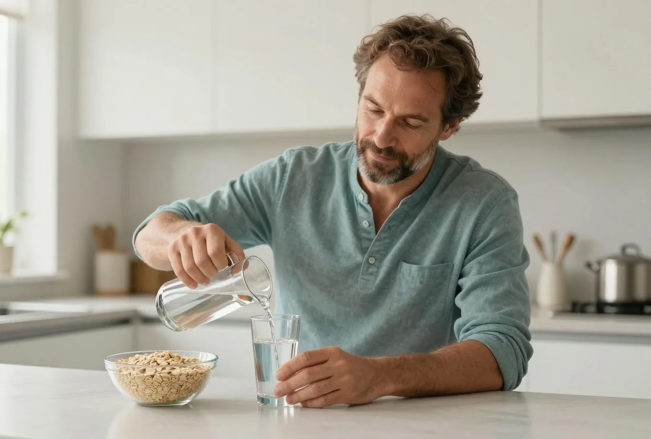 Mann in den Vierzigern schenkt sich an einer hellen Küchenzeile ein Glas Wasser ein, daneben steht eine Schale Haferflocken