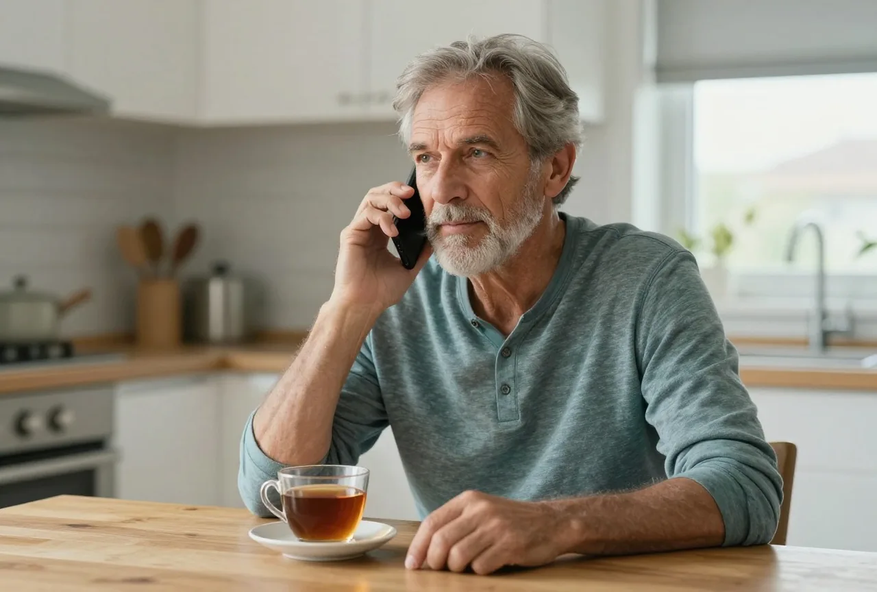 Mann in den Sechzigern sitzt mit einer Tasse Tee am Küchentisch und telefoniert