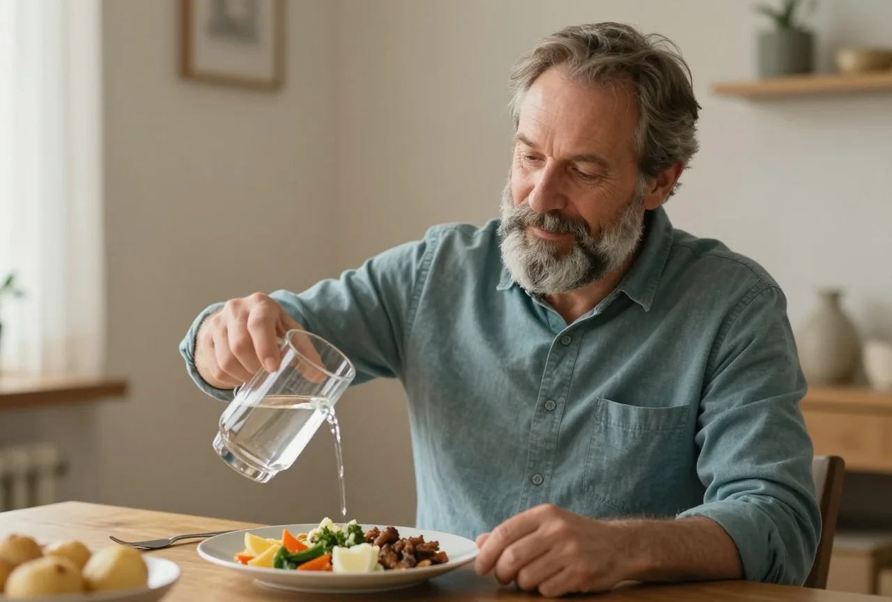 Mann um die sechzig mit grauem Bart schenkt sich am Esstisch ein Glas Wasser ein, vor ihm ein Teller mit Gemüse und Kartoffeln
