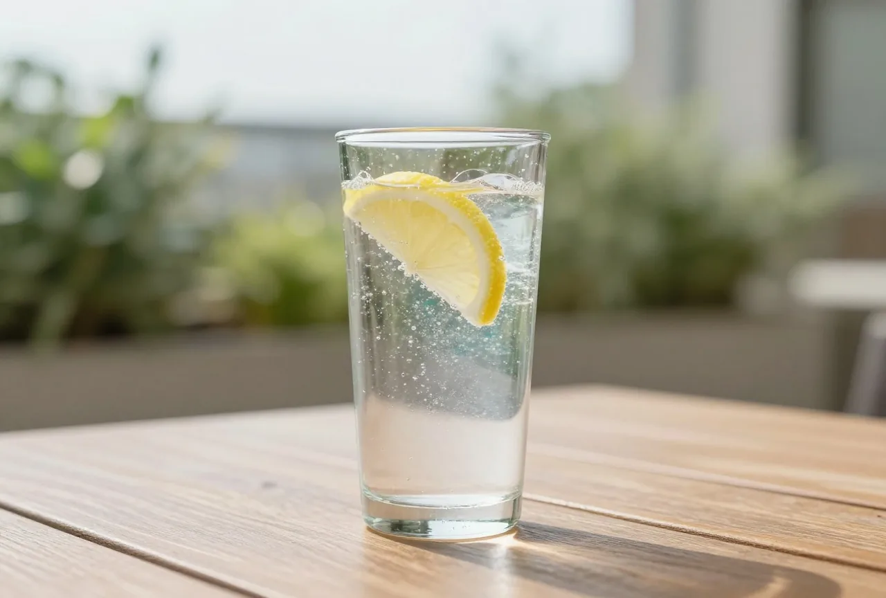 Ein Glas Mineralwasser mit einer Zitronenscheibe steht auf einem Holztisch auf einer sonnigen Terrasse