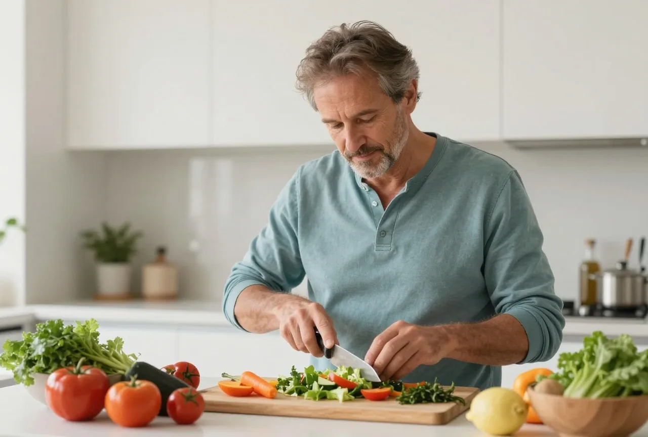 Mann in den Fünfzigern bereitet in einer hellen Küche einen Salat mit frischem Gemüse zu