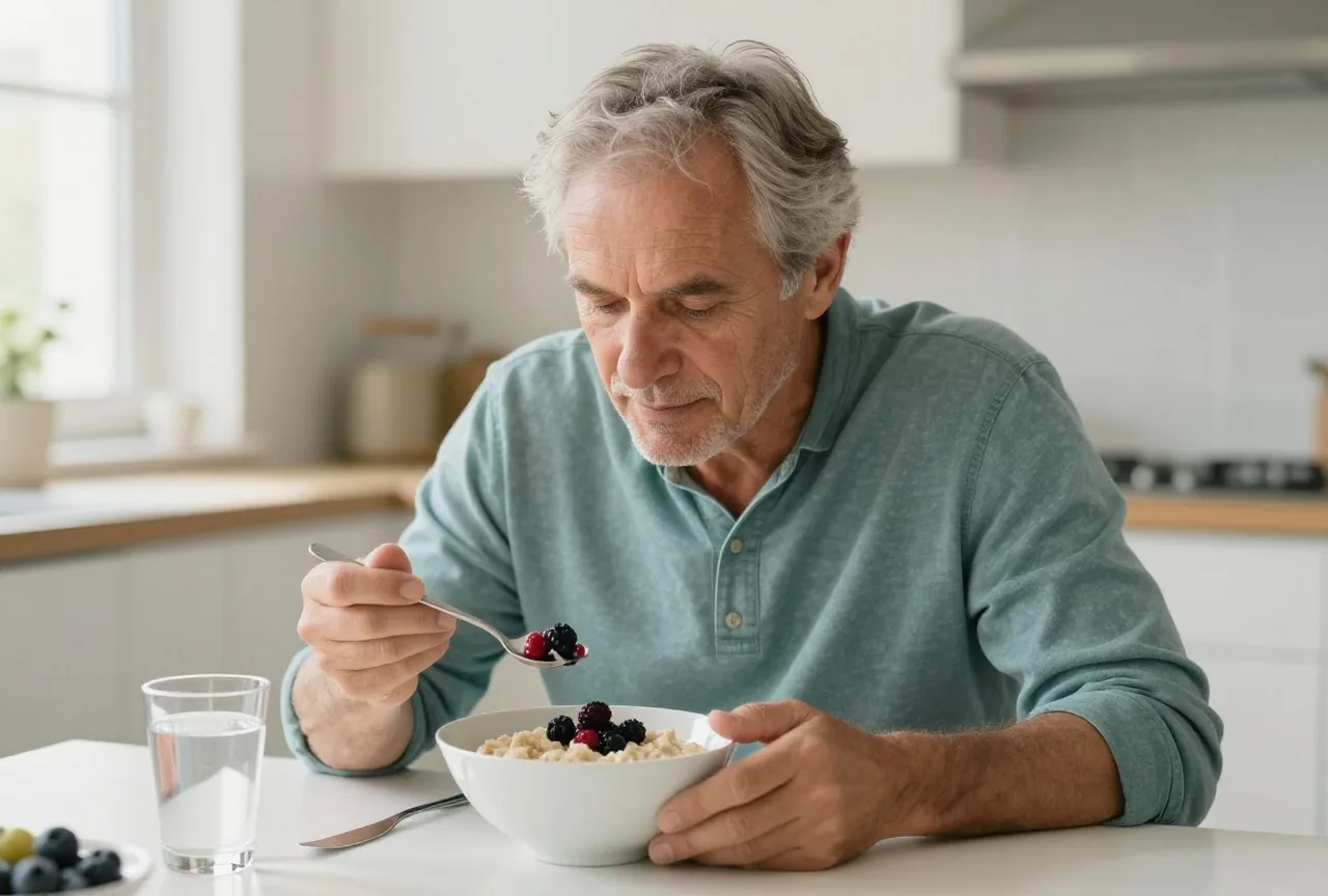 Mann in den Sechzigern mit grauem Haar isst am hellen Küchentisch eine Schale Haferbrei mit frischen Beeren, daneben steht ein Glas Wasser