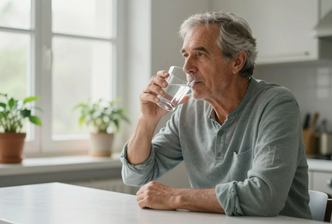 Mann in den Sechzigern trinkt morgens an einer hellen Küchenzeile ein Glas Wasser