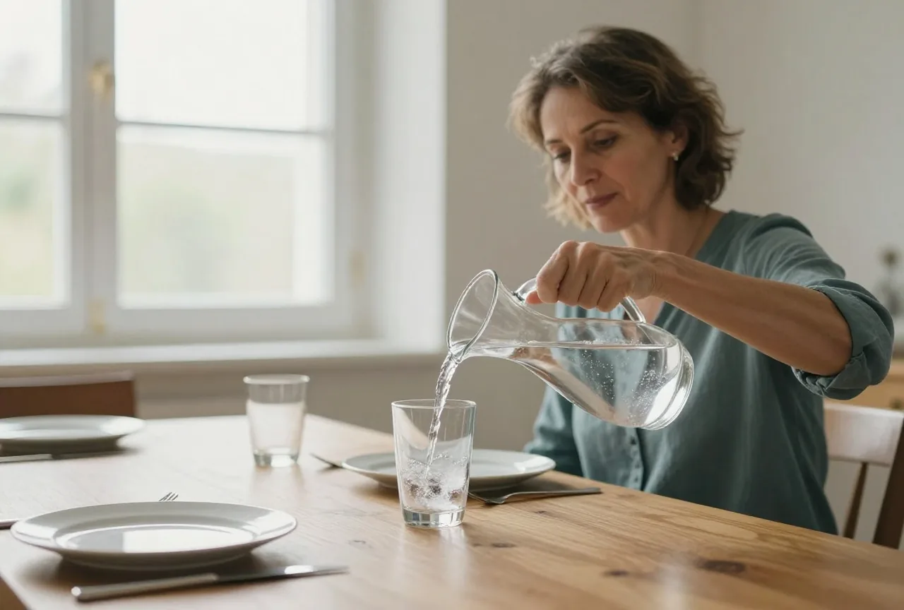 Frau in den Vierzigern gießt vor dem Essen kaltes Wasser in ein Glas, auf dem Tisch stehen noch leere Teller