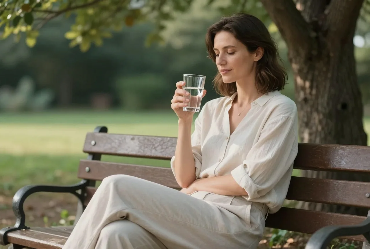 Frau Ende dreißig sitzt entspannt auf einer Bank in einem ruhigen Garten im Schatten eines Baumes und hält ein Glas Wasser