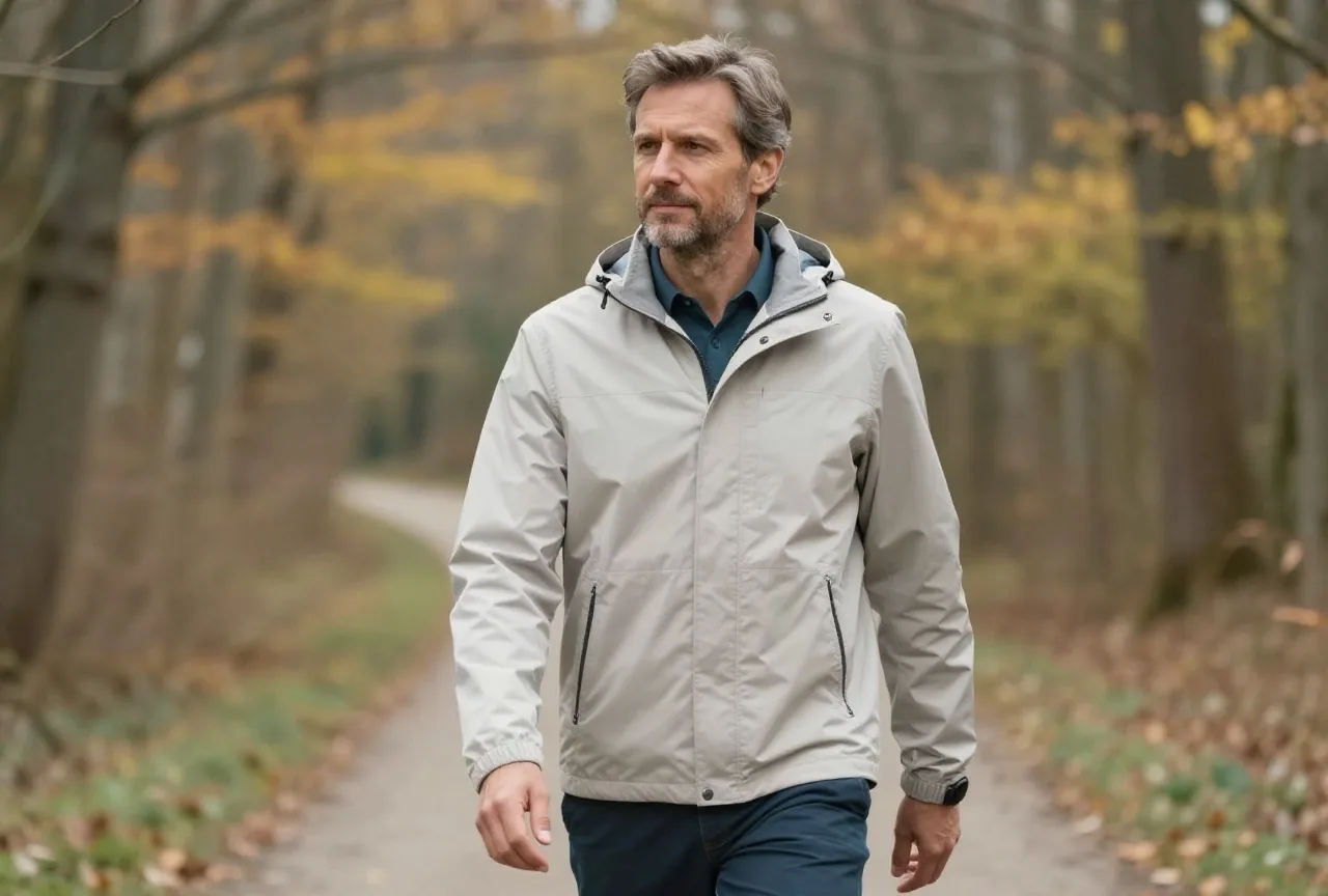 Mann in den Fünfzigern geht im Herbst zügig auf einem Waldweg spazieren und trägt eine leichte Jacke