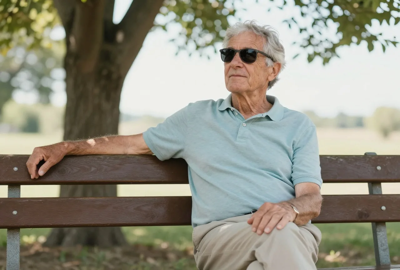 Grauhaariger Mann Anfang siebzig mit Sonnenbrille sitzt entspannt auf einer schattigen Gartenbank