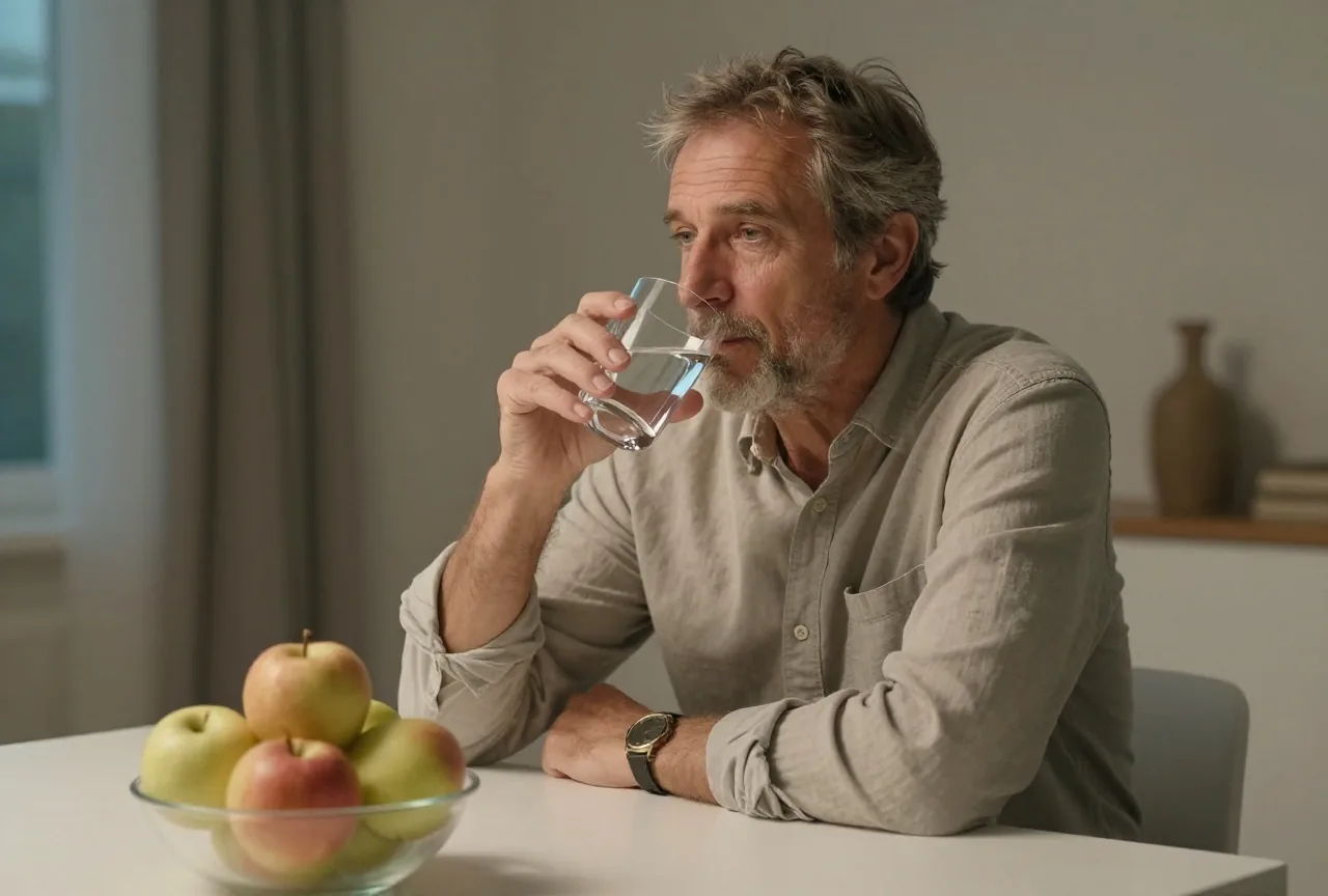 Mann Ende fünfzig sitzt nach dem Abendessen an einem hellen Esstisch und trinkt ein Glas Wasser, daneben eine Schale mit Äpfeln