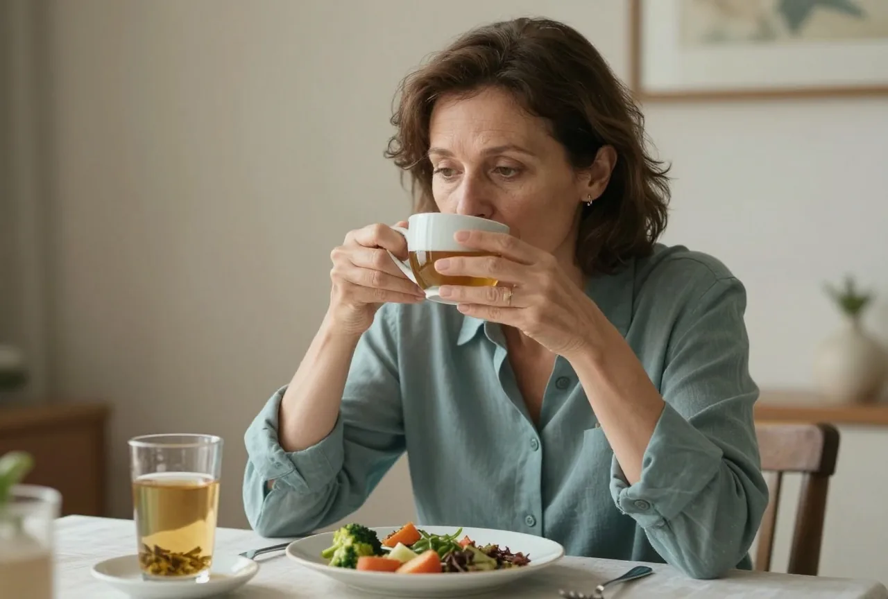 Frau in den Fünfzigern sitzt am Esstisch bei einer Mahlzeit und trinkt aus einer Tasse Tee