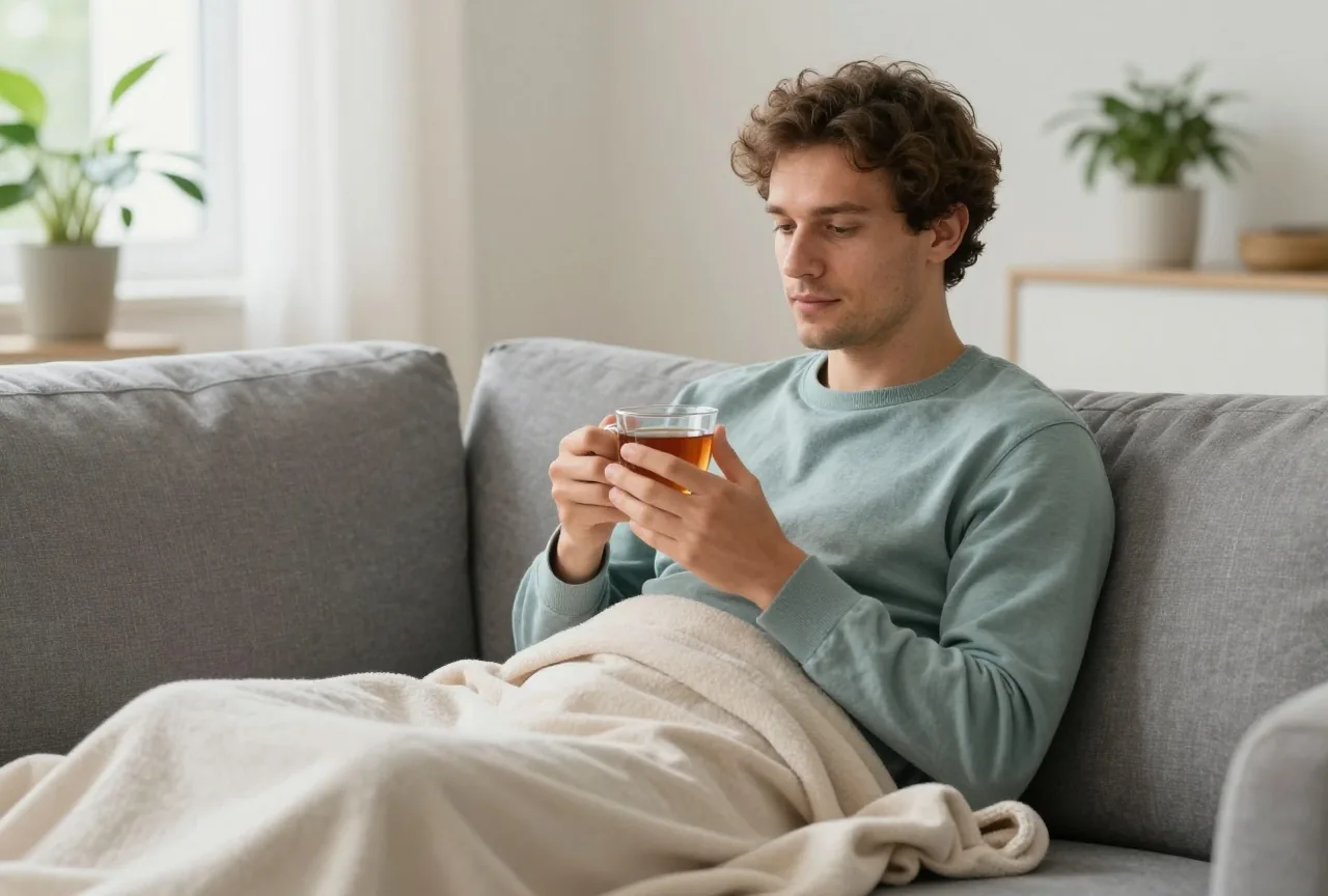 Mann in den Dreißigern sitzt mit einer Tasse Tee auf einem Sofa und ruht sich aus, im Hintergrund ein helles Wohnzimmer