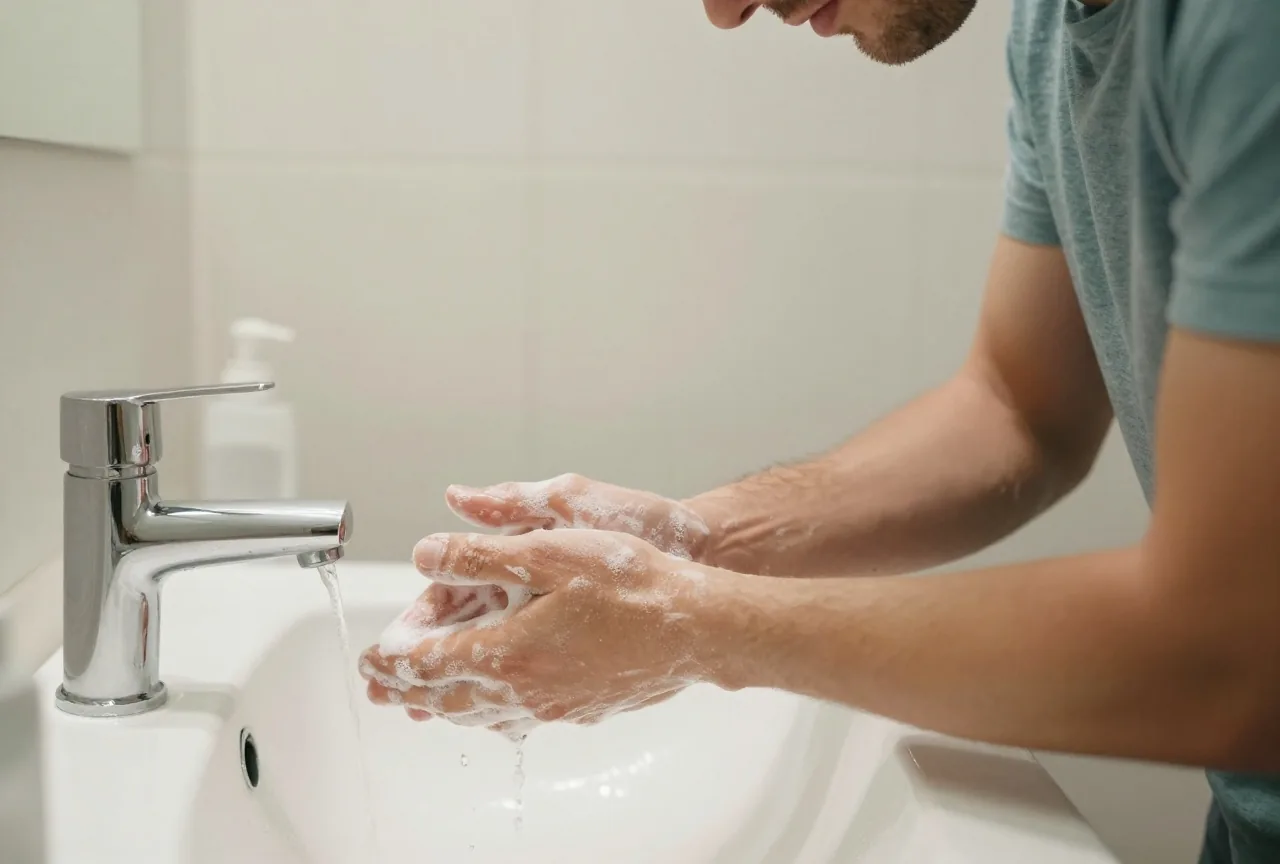 Mann in den Dreißigern wäscht sich am hellen Waschbecken gründlich die Hände mit Seife