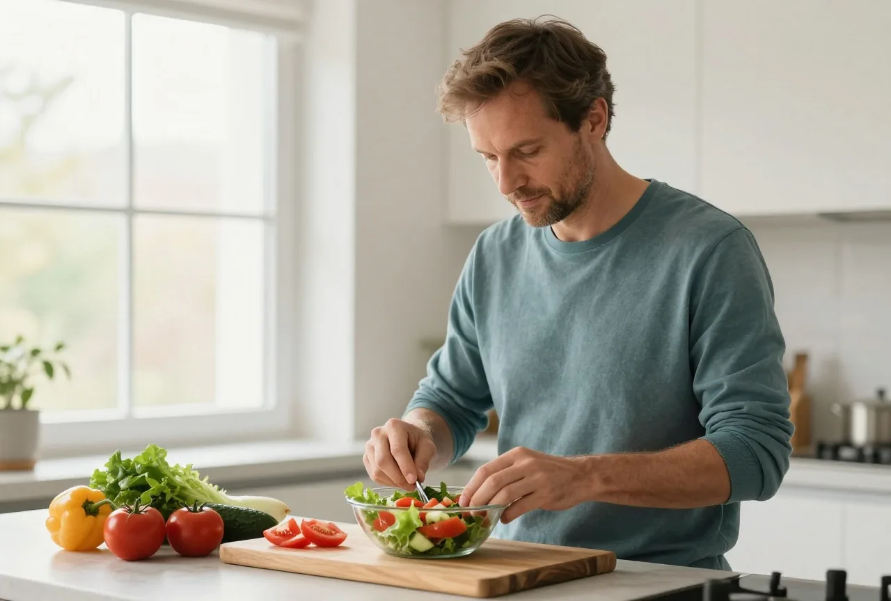 Mann Anfang vierzig bereitet in einer hellen Küche einen Salat mit frischem Gemüse zu
