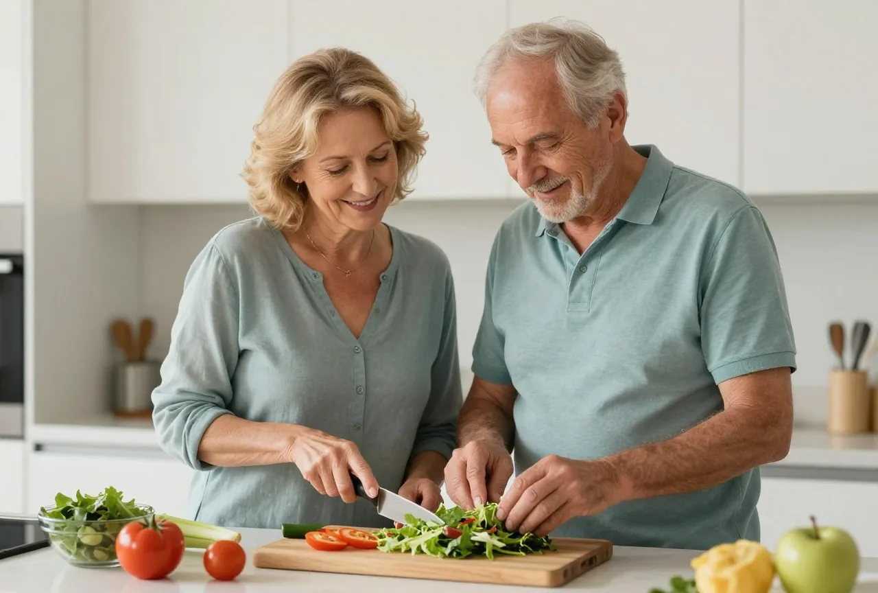 Paar in den Sechzigern bereitet in einer hellen Küche gemeinsam einen frischen Salat zu