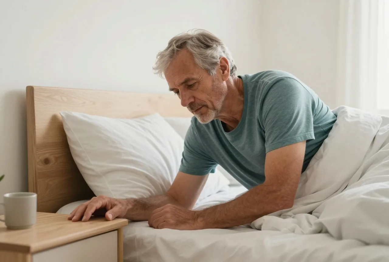 Mann in den Sechzigern steht morgens langsam vom Bettrand auf und stützt sich dabei mit einer Hand am Nachttisch ab