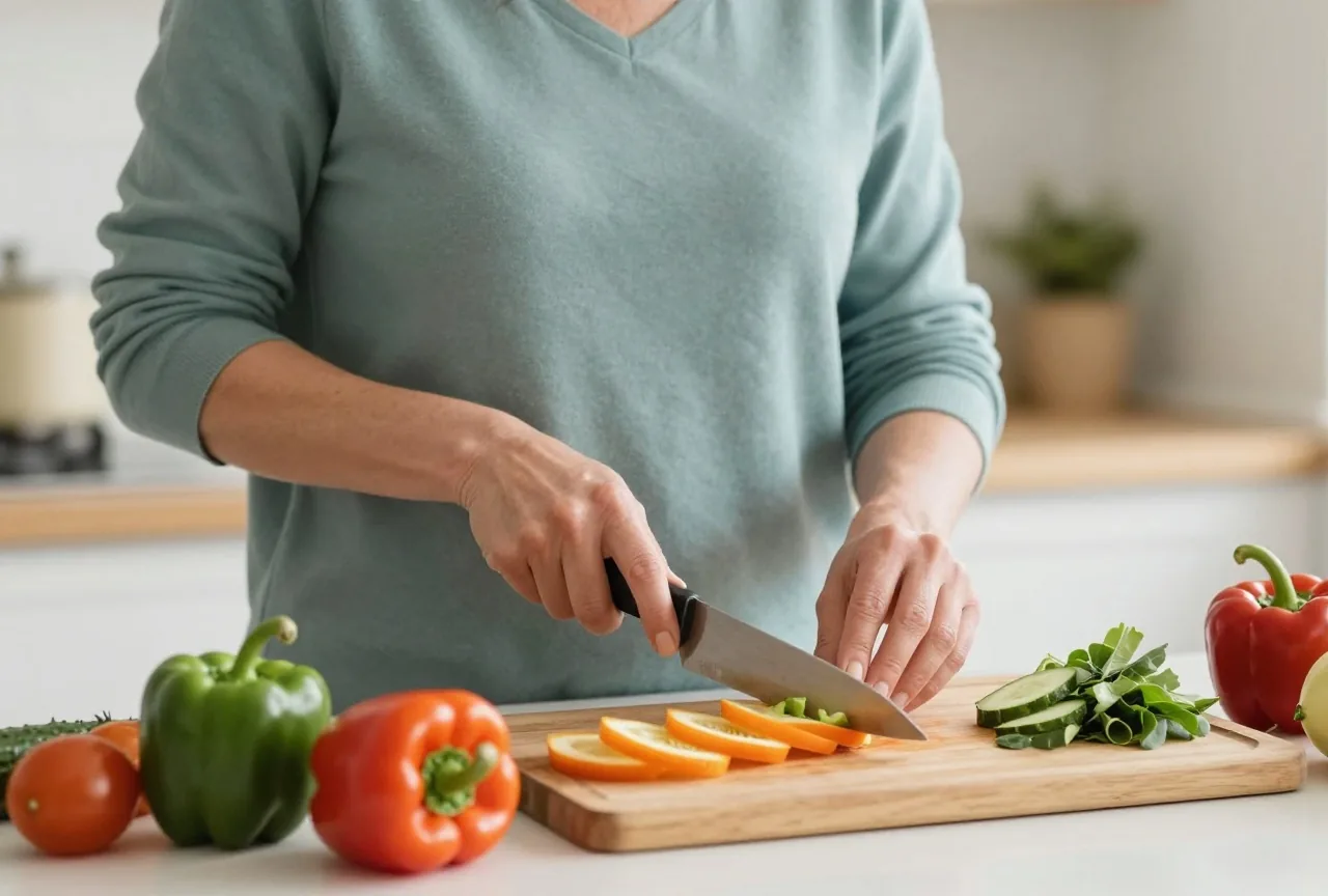 Frau in den Fünfzigern mit hellem Hautton schneidet an einer Küchenarbeitsplatte frisches Gemüse für einen Salat