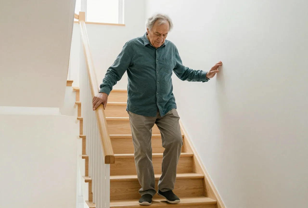Älterer Mann geht zu Hause vorsichtig eine helle Treppe hinunter und hält sich am Handlauf fest