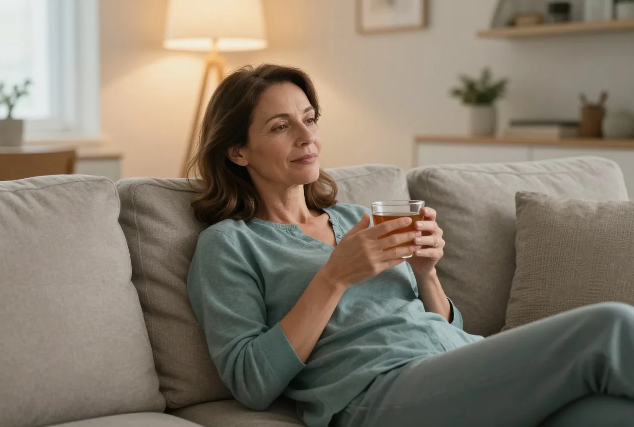 Frau in den Vierzigern ruht am Abend mit einer Tasse Tee entspannt auf dem Sofa im ruhigen Wohnzimmer