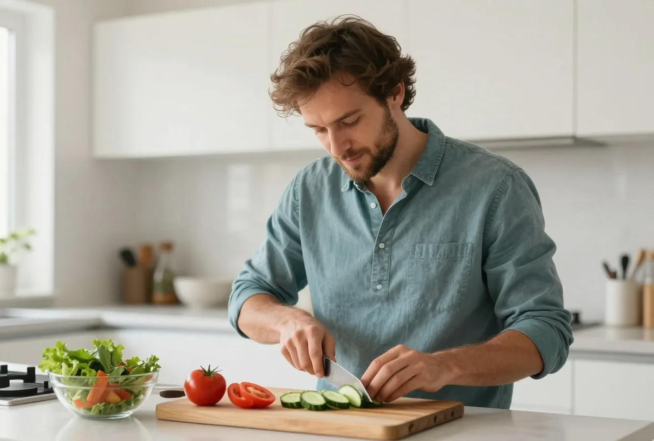 Mann Mitte dreißig bereitet in einer hellen Küche einen Salat mit frischem Gemüse zu