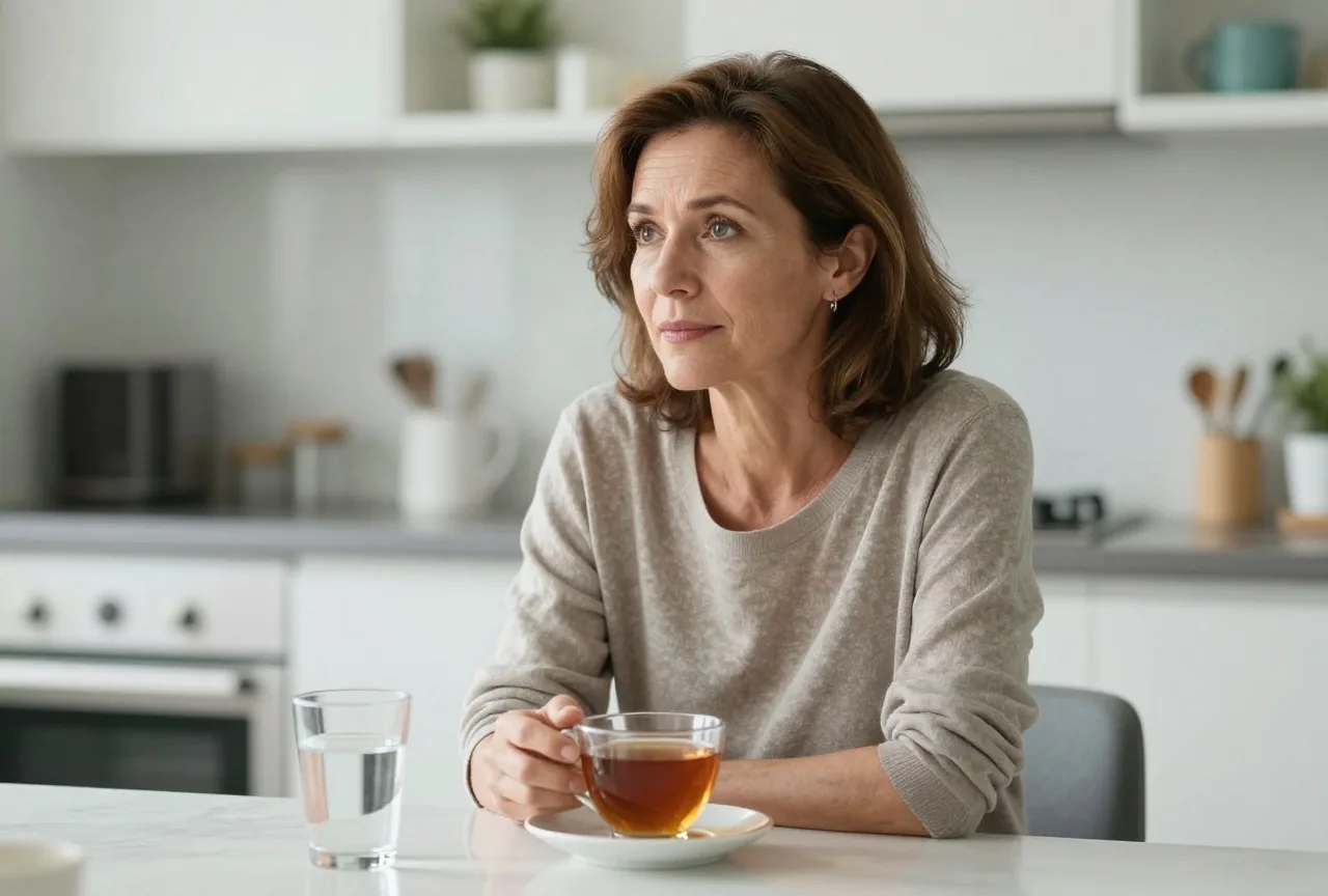 Frau in den Vierzigern sitzt nachdenklich am Küchentisch, hält eine Tasse Tee, daneben ein Glas Wasser