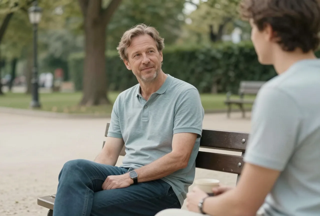 Mann in den Vierzigern sitzt am Nachmittag mit einem Freund auf einer Parkbank und unterhält sich ruhig mit ihm, im Hintergrund Bäume und ein Kiesweg