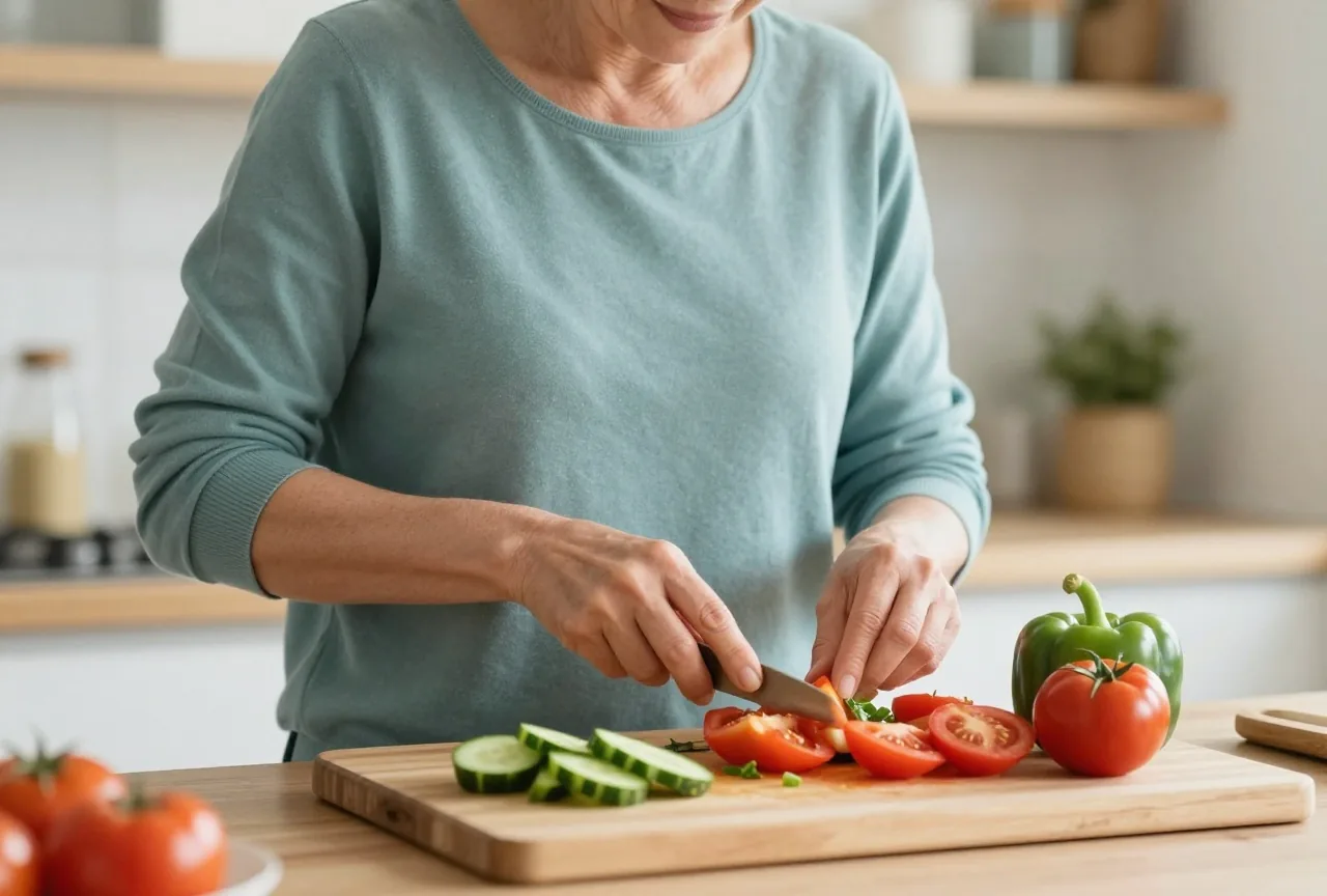 Frau um die siebzig bereitet in einer hellen Küche einen Salat aus Tomaten, Gurken und Paprika zu