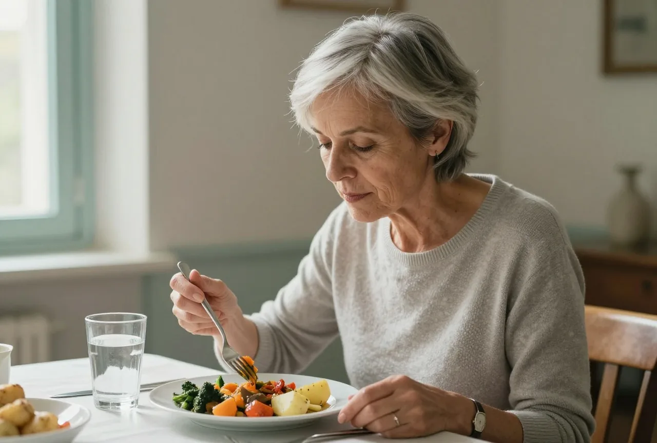 Frau um die sechzig sitzt mittags an einem gedeckten Esstisch und isst eine Mahlzeit, daneben steht ein Glas Wasser