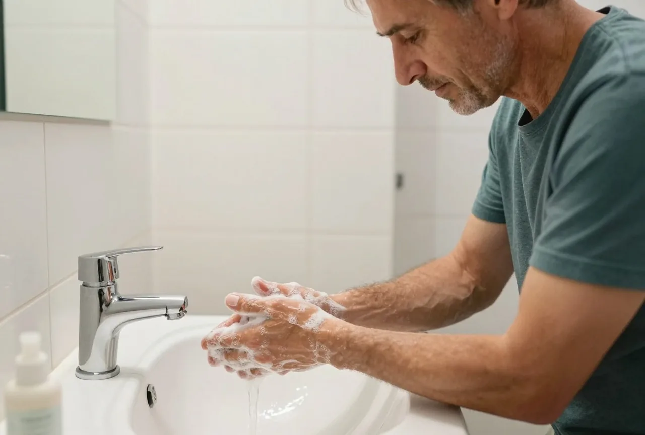 Mann Mitte fünfzig wäscht sich an einem hellen Badezimmerwaschbecken gründlich die Hände mit Seife