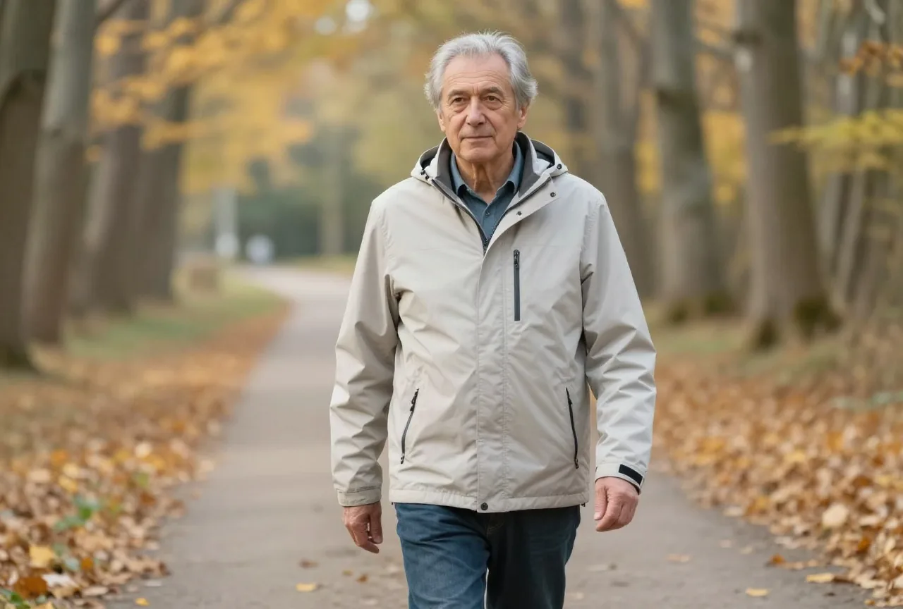 Mann in den Sechzigern geht im Herbst zügig auf einem sonnigen Waldweg spazieren
