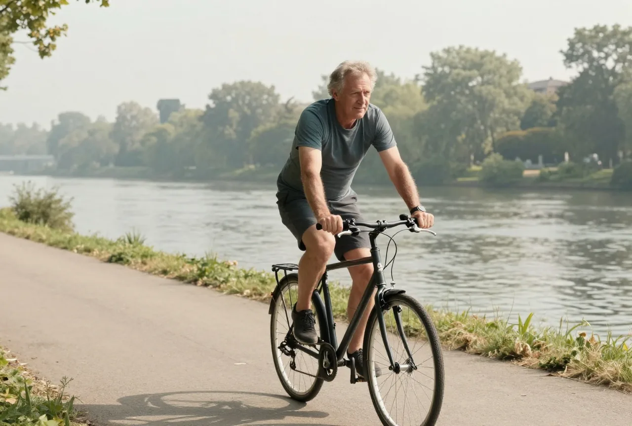 Mann in den Sechzigern fährt an einem sonnigen Vormittag auf einem Radweg am Fluss Fahrrad
