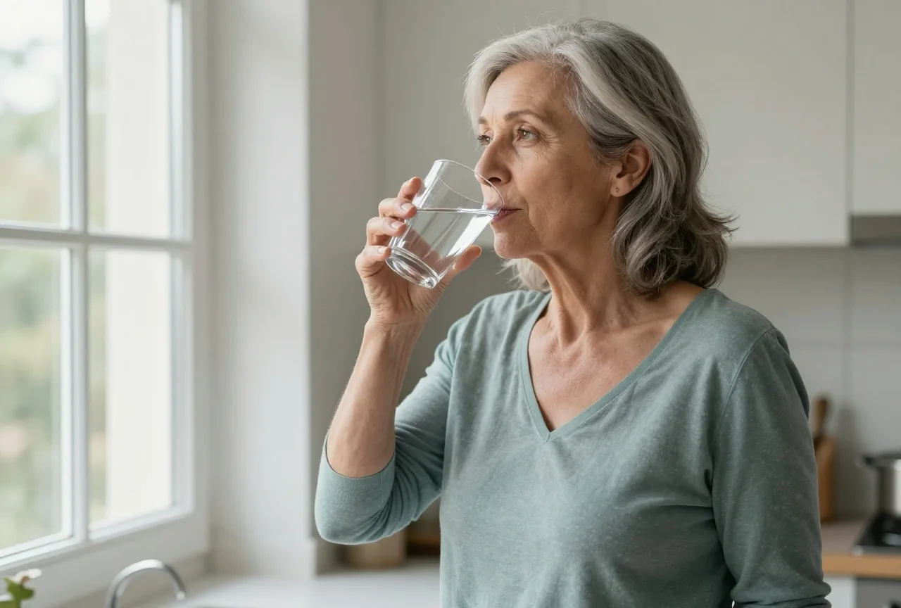 Frau Anfang sechzig steht am Morgen in einer hellen Küche, trinkt ein Glas Wasser und schaut aus dem Fenster