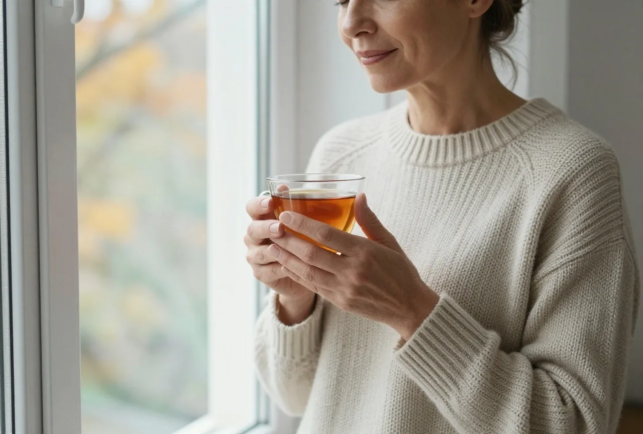 Frau Mitte fünfzig in einem dicken Strickpullover hält eine warme Tasse Tee mit beiden Händen am Fenster